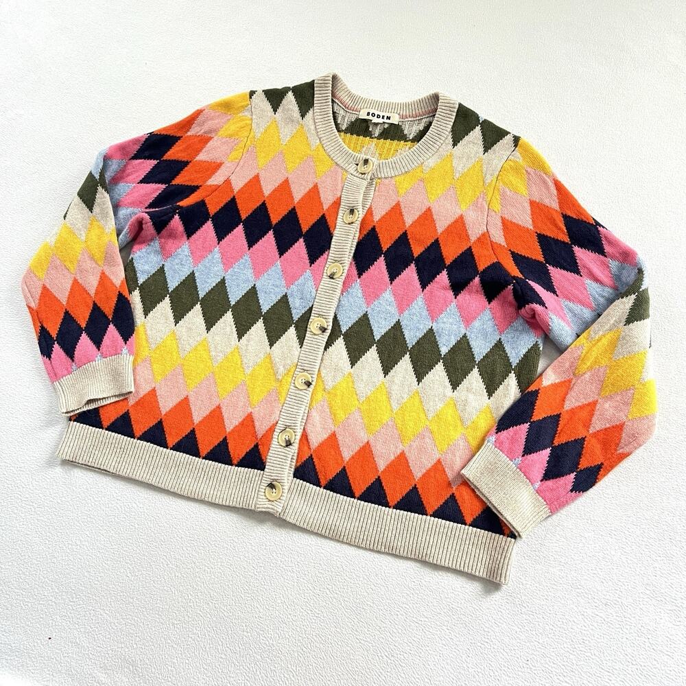 Boden Women Multicolor Argyle Diamond Wool Blend Sweater Patterned Cardigan XL - Picture 2 of 12
